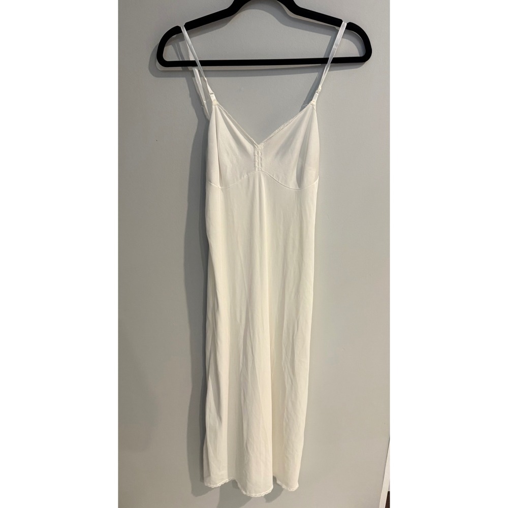 Vintage White Full Slip Dress Lace Trim Adjustable Straps Midi Length Lingerie